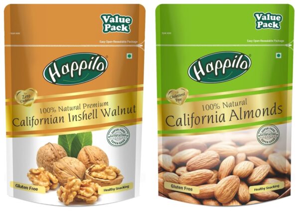 Happilo 100% Natural Premium Californian Almonds Value Pack Pouch, 500 g & Premium 100% Natural Californian Inshell Walnut Kernels VaPack Pouch, 500 g - Fast Shipping to USA & Canada