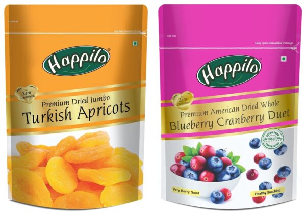 Happilo Premium Turkish Apricots, 200g + Happilo Premium Dried Whole Blueberry Cranberry Duet, 200g - Fast Shipping to USA & Canada