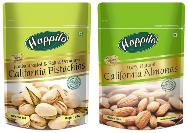 Happilo Premium Californian Roasted and Salted Pistachios, 200g (Pack of 1) and Happilo 100% Natural Premium Californian Almonds, 200g - Fast Shipping to USA & Canada