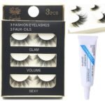 HUDA GIRL Eye Lashes for Women - Black Handmade Natural Thick Long Polyester, 3 Pairs False Eyelashes with Eyelash Glue - Empathetic Reusable Extensions for Womens, Girls - Eyelash with glue Set - Fast Shipping to USA & Canada