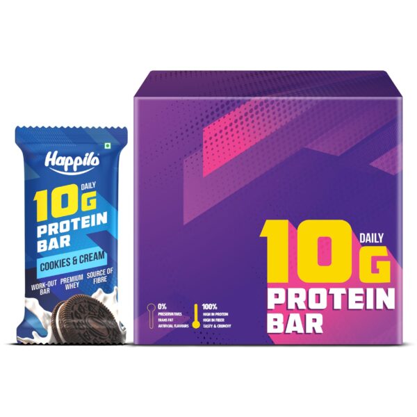 Happilo Premium Cookies & Cream Protein Bar 50g (Pack of 6), Protein 10g, Premium Whey, Source of Fiber, Work Out Bar - Fast Shipping to USA & Canada