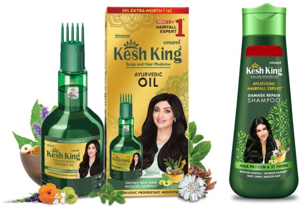 Kesh King Ayurvedic Anti Hairfall Hair Oil, 300ml & Emami Kesh King Damage Repair Shampoo with Milk Protein and 21 Ayurvedic Herbs, 340ml - Fast Shipping to USA & Canada