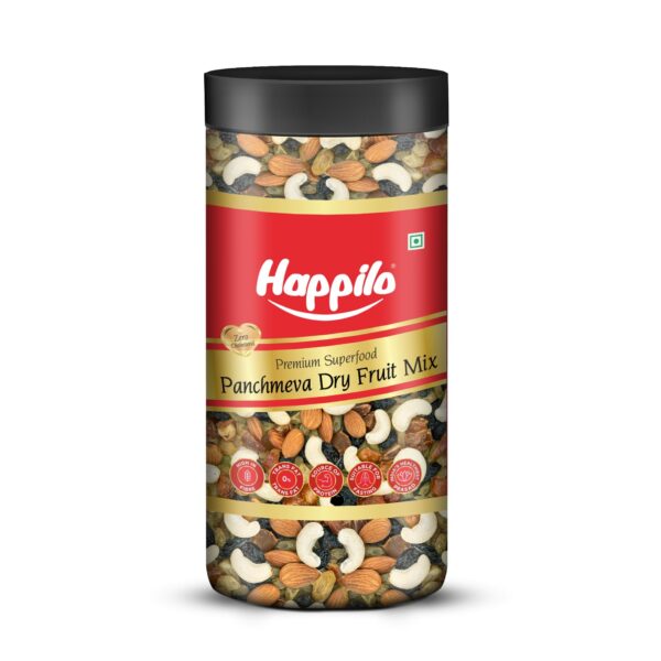 Happilo Classic Panchmewa Dry Fruit Mix 450g Jar, Dry Dates, Golden Raisins, Black Raisins, Split Cashews, California Almonds - Fast Shipping to USA & Canada