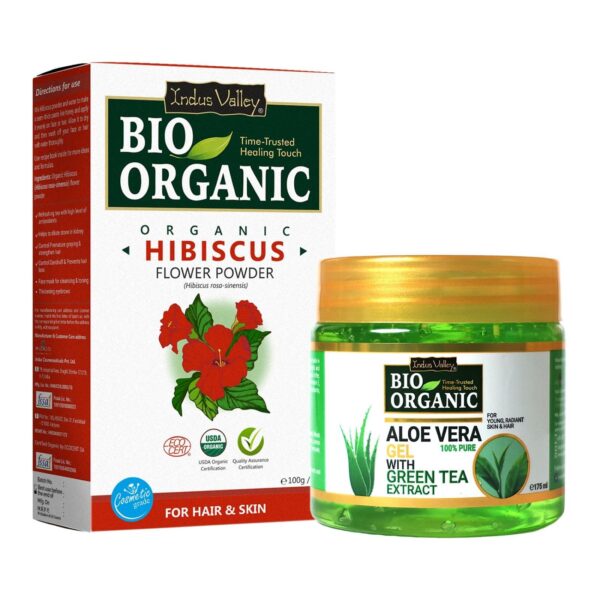 INDUS VALLEY Bio Organic Non-Toxic Aloe Vera Gel for Acne, Scars, Glowing & Radiant Skin Treatment & Hibiscus Powder | Hibiscus rosa-sinensis (175ml+ 100g) - Fast Shipping to USA & Canada
