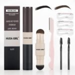 HUDA GIRL Dual Color 2in1 Hairline Powder & Eyebrow Filler for Women, Eyebrow Shaper Kit including Instant Hair touch Up Stick Black n Brown with Eyebrow Razor, 2Pcs Eyebrow Brush / Spoolie & 3 Brow Stencils - Fast Shipping to USA & Canada