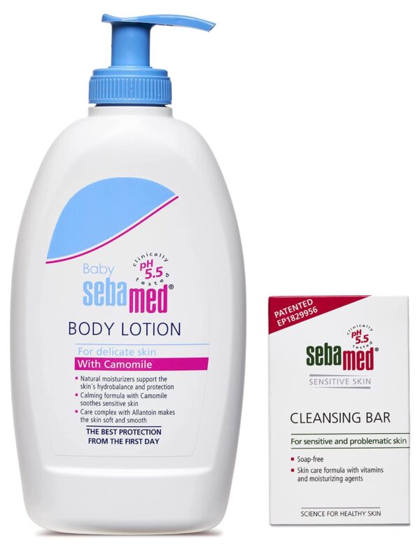 SebaMed Baby Body Lotion, For All Skin Types, 400 ml & Cleansing Bar Soap-Free for Normal to Oily Skin, 100gm - Fast Shipping to USA & Canada