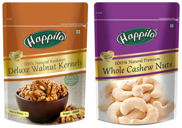 Happilo 100% Natural Premium Whole Cashews, 200g & Deluxe 100% Natural Kashmiri Walnut Kernels, 200g Combo - Fast Shipping to USA & Canada