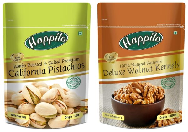 Happilo Premium Californian Roasted and Salted Pistachios, 200g & Deluxe 100% Natural Kashmiri Walnut Kernels, 200g Combo - Fast Shipping to USA & Canada
