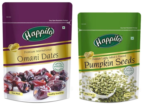 Happilo Premium International Fresh Omani Dates + Premium Pumpkin Seeds-Roasted, Lightly Salted Pouch, 200 Grams - Fast Shipping to USA & Canada