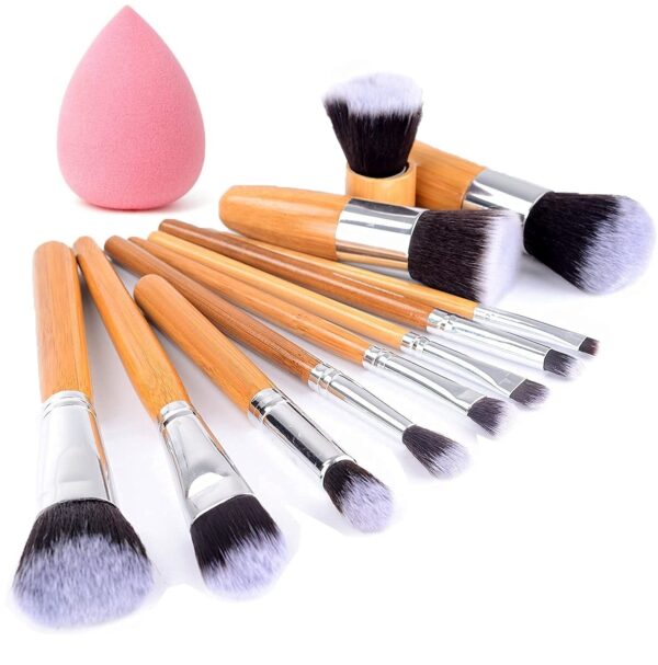HUDA GIRL Beauty Professional Makeup Brushes with Blender Puff 11 Pieces Natural Bamboo Handle, Travel Case - Wooden - Fast Shipping to USA & Canada