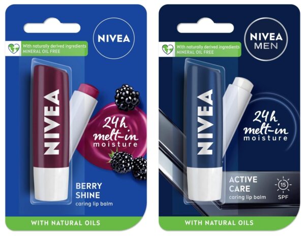 NIVEA Men Lip Care, Active Care Lip Balm, SPF 15 And NIVEA Lip Balm, Fruity Blackberry Shine,4.8 g (Pack of 2) - Fast Shipping to USA & Canada
