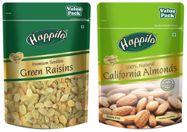 Happilo 100% Natural Premium California Dried Almonds 500g Pack Pouch & Happilo Premium Seedless Green Raisins 500g Value Pack | Kishmish | Nutritious| Rich in Iron & Vitamin B - Fast Shipping to USA & Canada