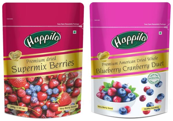 Happilo Premium International Super Mix Berries, 200 Gram + Premium Dried Whole Blueberry Cranberry Duet, 200 Gram - Fast Shipping to USA & Canada