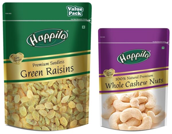 Happilo 100% Natural Premium Whole Cashews, 200g + Happilo Premium Seedless Green Raisins Value Pack Pouch, 500 g - Fast Shipping to USA & Canada