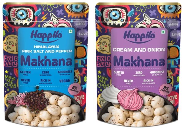 Happilo Premium Super Snack Makhana Cream & Onion 60g & Happilo Premium Super Snack Makhana Himalayan Salt & Pepper 60g - Fast Shipping to USA & Canada