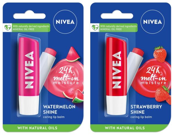 NIVEA Lip Balm, Fruity Strawberry Shine & NIVEA Lip Balm, Fruity Watermelon Shine,4.8 g (Pack of 2) - Fast Shipping to USA & Canada