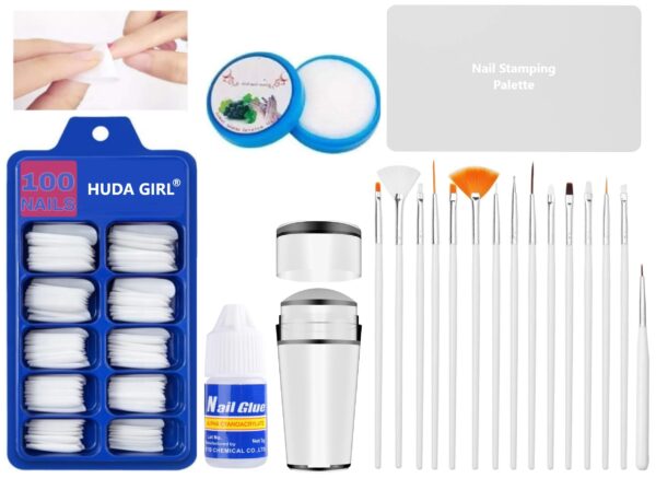 HUDA GIRL 20in1 Nail Art Kit False Nails, Nail Stamper, Polish Remover Wipes & Art Brushes (Multicolor) - Fast Shipping to USA & Canada