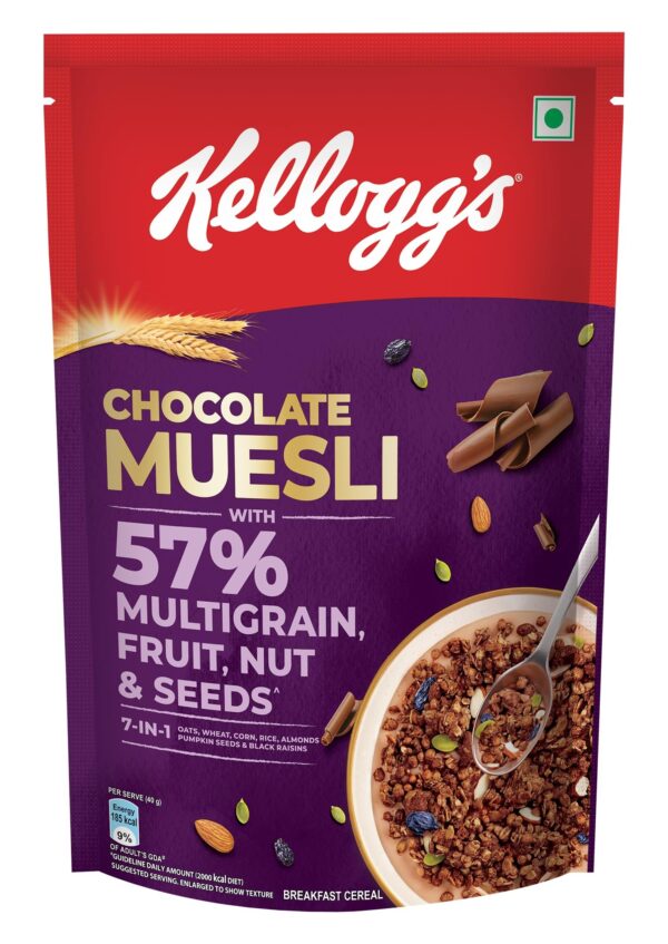 Kellogg's New Chocolate Muesli 57% Multigrain, Fruit, Nut & Seeds 450g | 7in1 - Oats, Wheat, Corn, Rice, Almonds, Pumpkin Seeds & Black Raisins | Source of Protein & Fibre, Multigrain Breakfast Cereal - Fast Shipping to USA & Canada