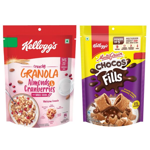 Kellogg's Chocos Fills Double Chocolaty 170g and Granola Almonds & Cranberries 140g Combo Pack | Naturally Cholesterol Free | Multigrain Breakfast Cereal - Fast Shipping to USA & Canada