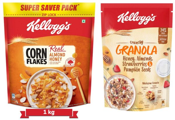 Kellogg's Combo, Kellogg's Corn Flakes Real Almond and Honey, 1 kg and Kellogg's Crunchy Granola Honey, Almonds, Strawberries & Pumpkin Seeds, 450 g - Fast Shipping to USA & Canada