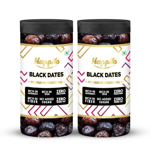 Happilo Premium Black Dry Dates Jar 400g (Pack of 2), Rich in Iron, Antixidants, Fiber and Vitamin, Chewy Texture, Natural Sweetness, No added Preservatives - Fast Shipping to USA & Canada