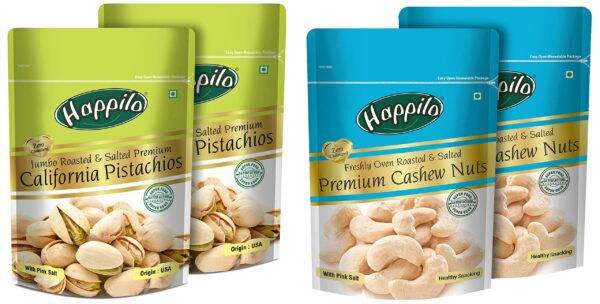 Happilo Premium Californian Roasted and Salted Pistachios, 200g (Pack of 2) & Premium Roasted and Salted Cashews, 200g (Pack of 2) - Fast Shipping to USA & Canada