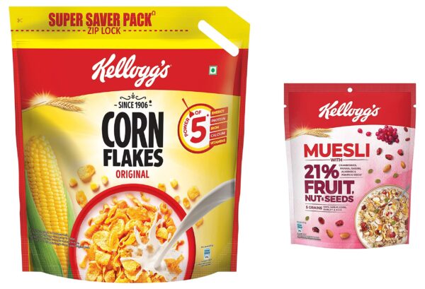Kellogg's Muesli Fruit Nut & Seeds 240 Gm and Kellogg's Corn Flakes Original 1.2 kg Pack - Fast Shipping to USA & Canada
