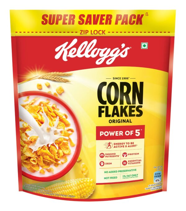 Kellogg's Corn Flakes Original | Power of 5: Energy, Protein, Iron, Vitamins B1, B2, B3 & C| Corn Flakes, Breakfast Cereal | Naturally Cholestrol Free875g/900g(Weight may vary) - Fast Shipping to USA & Canada