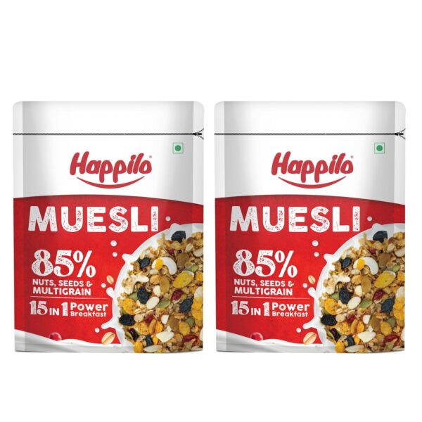 Happilo Premium Dry Fruit Muesli 500g (Pack of 2), 85% Nuts, Seeds and Multigrain, 15 in 1 Power Breakfast, High in Fiber, Omega 3, Protein - Fast Shipping to USA & Canada