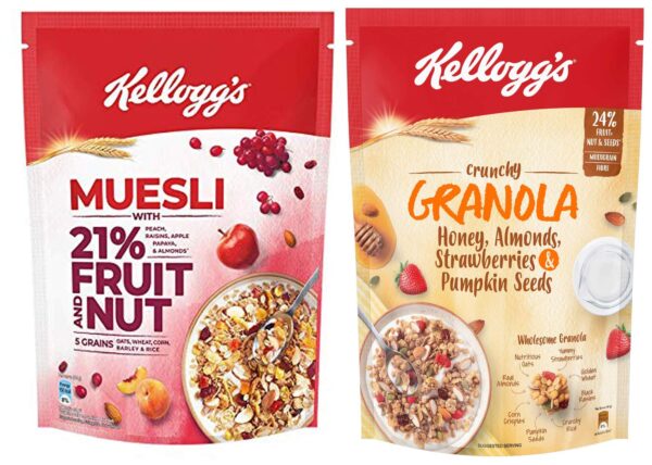 Kellogg's Combo, Kellogg's Muesli with 21% Fruit and Nut Pouch, 500 g and Kellogg's Crunchy Granola Honey, Almonds, Strawberries & Pumpkin Seeds, 450 g - Fast Shipping to USA & Canada