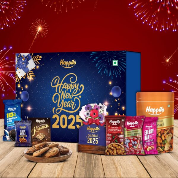 Happilo New Year Gift Box Tokyo 350g, Festive Treats & Snacks, Reed Diffuser, Calendar, Krunch, Party Snack, Berry Mix, Protein Bar, Energy Bar, Chickpeas, Date Bites - Fast Shipping to USA & Canada