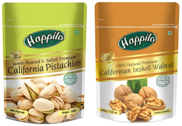 Happilo Premium Californian Roasted and Salted Pistachios, 200g & Natural Premium Californian Inshell Dried Walnuts, 200g - Fast Shipping to USA & Canada