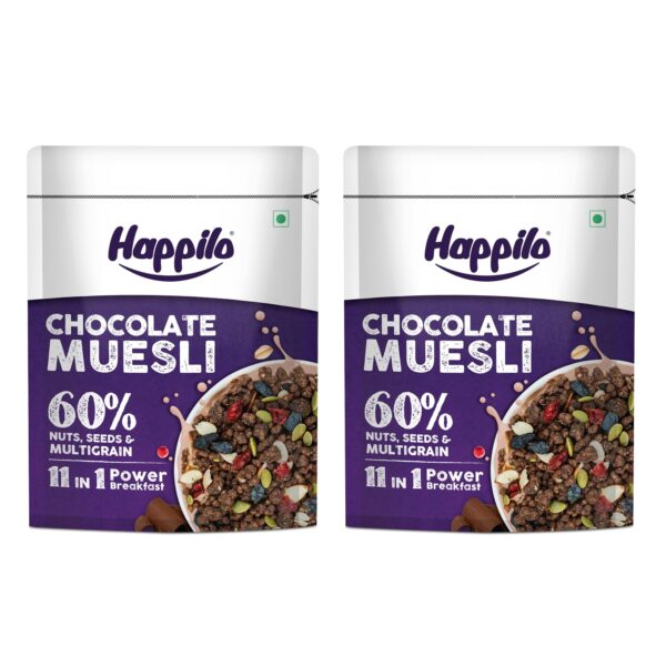 Happilo Premium Chocolate Muesli 450g (Pack of 2), 60% Nuts, Seeds and Multigrain, 11 in 1 Power Breakfast, High in Fiber, Protein - Fast Shipping to USA & Canada