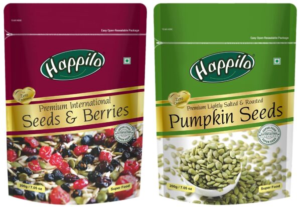 Happilo Premium Roasted Pumpkin Seeds for Eating 200g, Lightly Salted for Healthy Diet, Immunity Booster and Fiber Rich Superfood & Premium International Whole Seeds & Berries Pouch, 200 g - Fast Shipping to USA & Canada