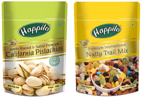 Happilo Premium Californian Roasted and Salted Pistachios, 200g & Premium International Trail Mix, 200g - Fast Shipping to USA & Canada