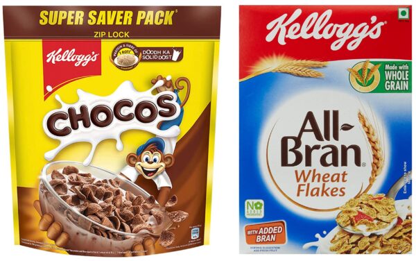 Kellogg's Chocos, with Protein & Fibre of 1 Roti* in each bowl**, High in Calcium & Protein, with 10 Essential Vitamins & Minerals, Breakfast Cereals, 1.2 kg Pack & All Bran Wheat Flakes, 440g