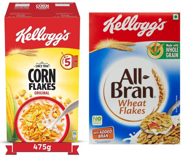 Kellogg's Corn Flakes Original, High in Iron, High in B Group Vitamins, Breakfast Cereals, 475g Pack & All Bran Wheat Flakes, 440g - Fast Shipping to USA & Canada