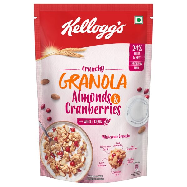 Kellogg's Crunchy Granola Almonds & Cranberries 460g | 24% Fruit & Nut, Baked Multigrain | Whole-grain Oats, Wheat, Corn, Rice and Barley, Source of Fibre | Breakfast Cereal - Fast Shipping to USA & Canada