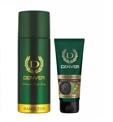 DENVER Deep Cleanse Face Wash(50GM) & Hamilton Deodorant Spray(165ML) - Combo Set of 2 | Activated Charcoal Facewash - Deep Cleanse the Pore, Dirt & Impurities | Deodorants for Men