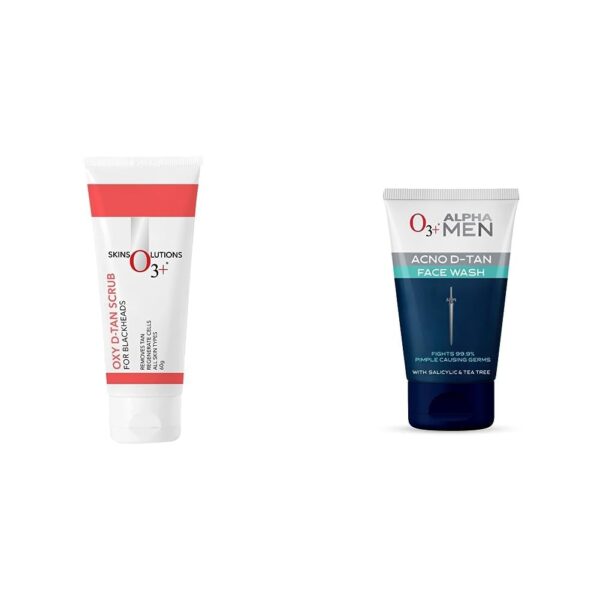 O3+ Oxy D-Tan Scrub 60g for Blackheads & Glowing Skin & O3+ ALPHA MEN Acno D-TAN Face Wash with Tea Tree 100g for Oily Skin Combo - Fast Shipping to USA & Canada