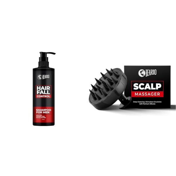 Beardo Hair Fall Control Shampoo For Men, 250 ml | Shampoo For Men With The Goodness Of Amla, Rosem,Beardo Scalp Massager for Hair with Removable Handle | Soft Silicone Bristles for Dry Massage, Oil - Fast Shipping to USA & Canada