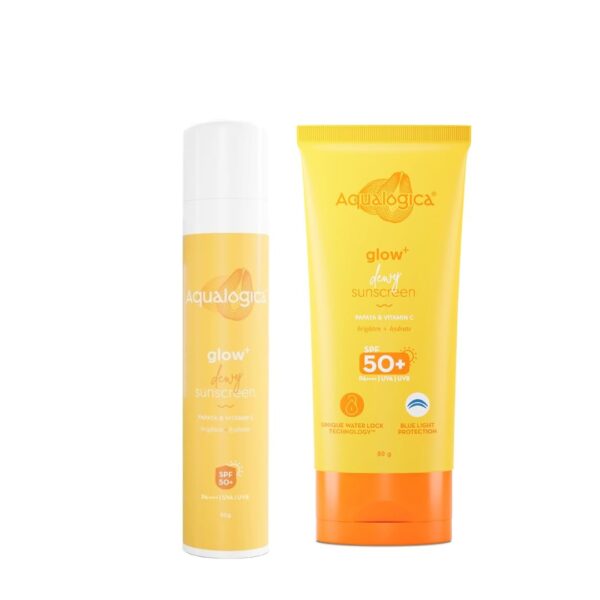 Aqualogica Glow+ Dewy Sunscreen SPF 50 PA++++ with Papaya & Vitamin C | For Oily, Combination & Dry Skin Type | UVA/B & Blue Light Protection | Fragrance-Free | For Men & Women | 50g + 80g - Fast Shipping to USA & Canada