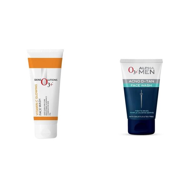 O3+ Vitamin C Face Wash Glow For Daily Brightening & Gentle Cleansing 60g & O3+ ALPHA MEN Acno D-TAN Face Wash with Tea Tree 100g for Oily Skin Combo - Fast Shipping to USA & Canada