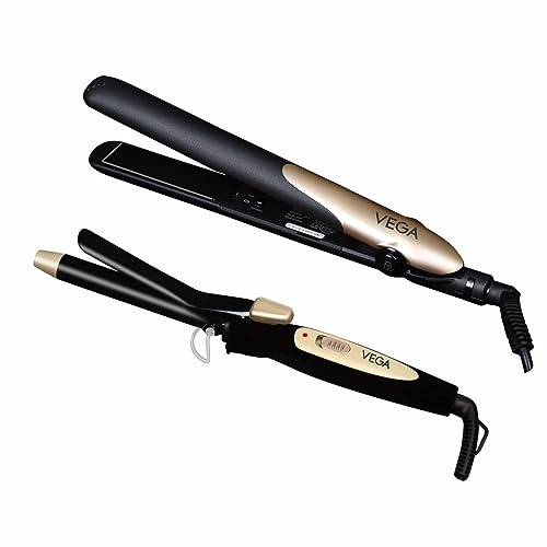 Vega Miss Dazzle Styling Set for Women, Hair Straightener with Ceramic Coated Plates & Curler Combo 19 MM Barrel Hair, Easy Lock System, Safety Stand, (VHSS-02) - Fast Shipping to USA & Canada