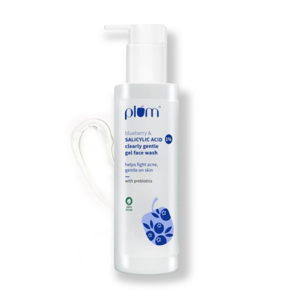 Plum 1% Salicylic Acid Clearly Gentle Gel Face Wash with Blueberry | Helps fight active acne | Gentle & non-drying | For oily, acne-prone skin | Beginner-friendly | All genders | 100% Vegan | 100 ml - Fast Shipping to USA & Canada