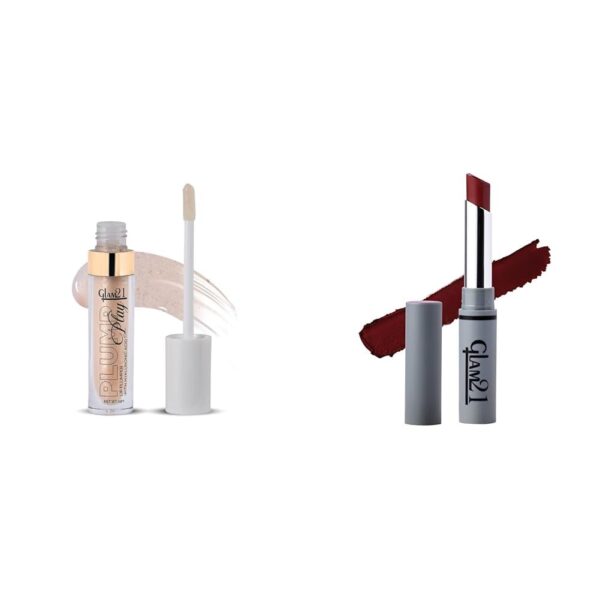 Glam 21 Lip Plumper With Hyaluronic Acid | Lightweight Glossy Finish Plump Lips | 04 Nude Shimmer - 5 Gm & Long Lasting Non-Transfer Lipstick|Creamy Matte Formula - 2.8gm | Nude Hue-27 - Fast Shipping to USA & Canada