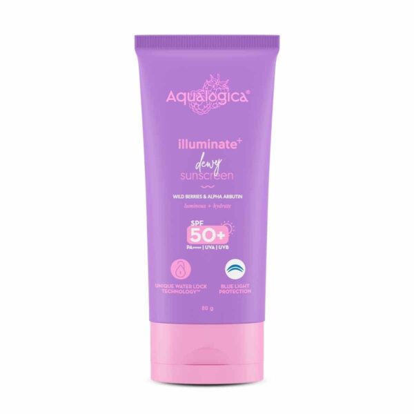Aqualogica lluminate+ Dewy All Skin Type Sunscreen Spf 50+ Pa+ With Wild Berries&Alpha Arbutin - 80 G Protection Against Uva/B&Blue Light Protection Fragrance-Free For Luminous&Sun Protected Skin - Fast Shipping to USA & Canada