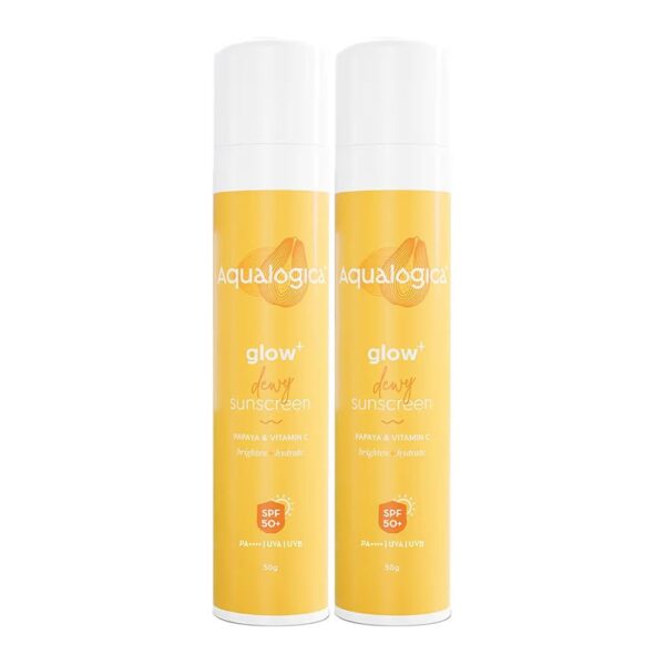 Aqualogica Glow+ Dewy Sunscreen SPF 50 PA++++ with Papaya & Vitamin C | For Oily, Combination & Dry Skin Type | UVA/B & Blue Light Protection | Fragrance-Free | For Men & Women | 50g x 2 - Fast Shipping to USA & Canada