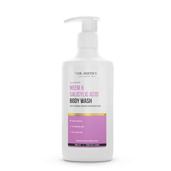 Dr. Sheth's Neem & Salicylic Acid Body Wash for Body Acne | Anti-bacterial AHA BHA Body Wash | 2% Lactic Acid, 1% Salicylic Acid & Neem Extract | Suits All Skin Types | Men & Women | 250 mL - Fast Shipping to USA