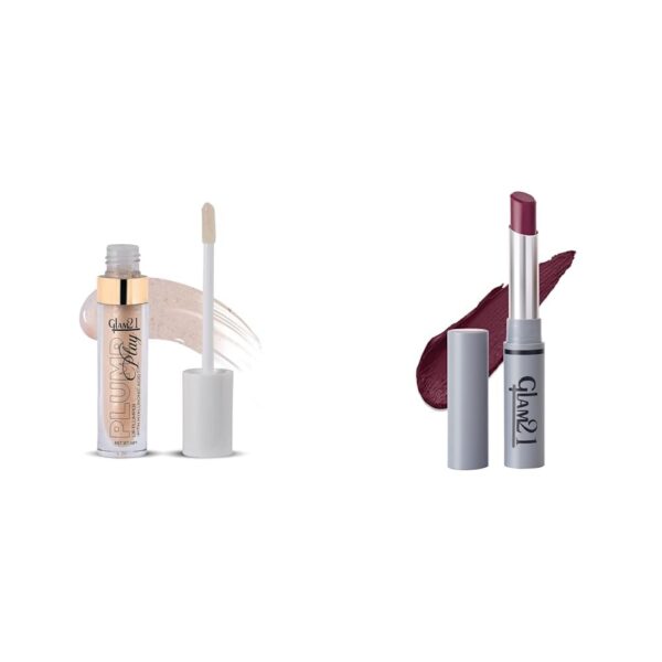 Glam 21 Lip Plumper With Hyaluronic Acid | Lightweight Glossy Finish Plump Lips | 04 Nude Shimmer - 5 Gm & Long Lasting Non-Transfer Lipstick|Creamy Matte Formula - 2.8gm|Mauve Meah-13 - Fast Shipping to USA & Canada